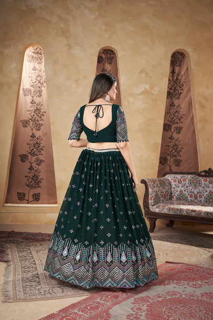 Ensemble Lehenga Vert Émeraude | Georgette avec Motifs Métallisés