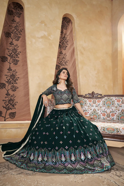 Ensemble Lehenga Vert Émeraude | Georgette avec Motifs Métallisés