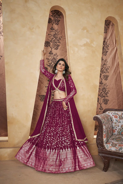 Ensemble Lehenga Rose Vif | Georgette avec Travail de Feuille Métallique