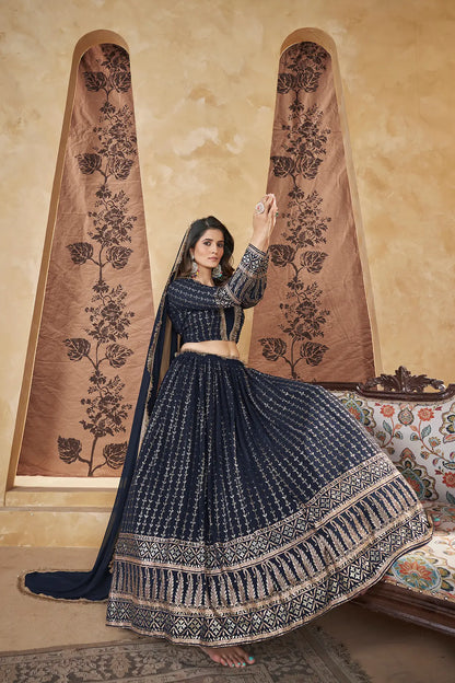 Lehenga choli bleu marine en georgette avec motifs en feuille métallique colorée