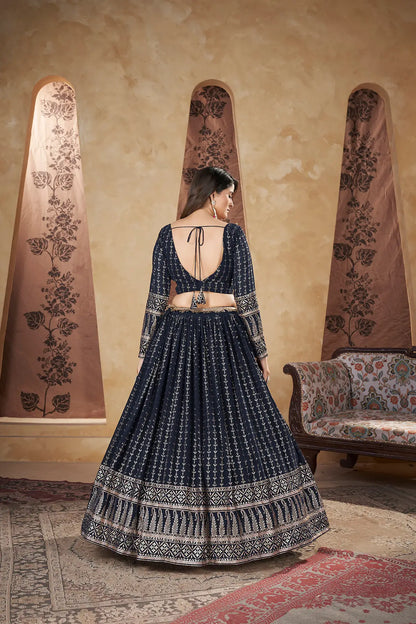 Lehenga choli bleu marine en georgette avec motifs en feuille métallique colorée