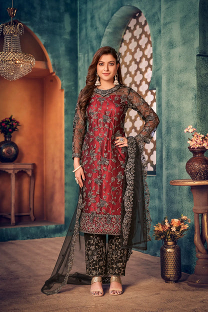 Salwar suit en filet rouge brique avec broderie au fil et sequins