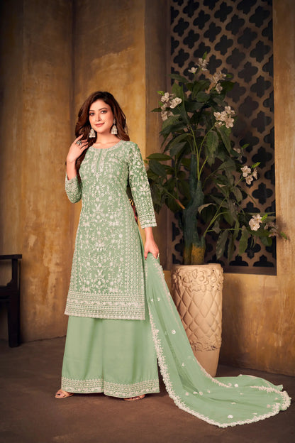 Salwar suit en filet vert pista avec broderie au fil et sequins