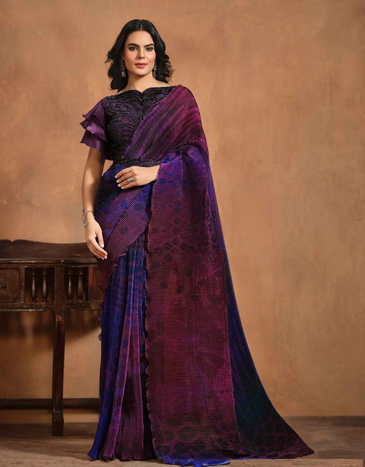 Sari Une Minute Violet Konfektionsware / Fertigmodell | Indische Partykleidung | Bedruckter Sari mit handgestickten Details