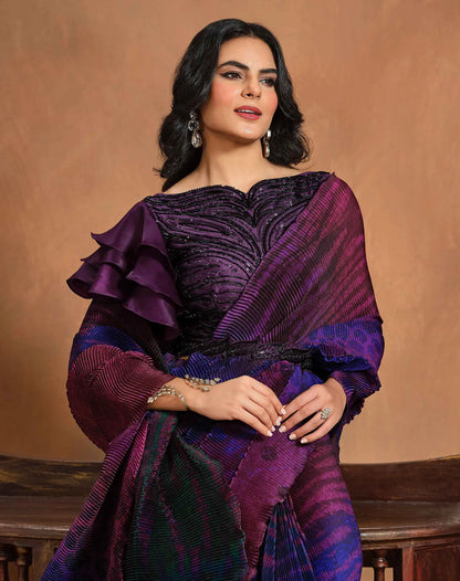 Sari Une Minute Violet Konfektionsware / Fertigmodell | Indische Partykleidung | Bedruckter Sari mit handgestickten Details