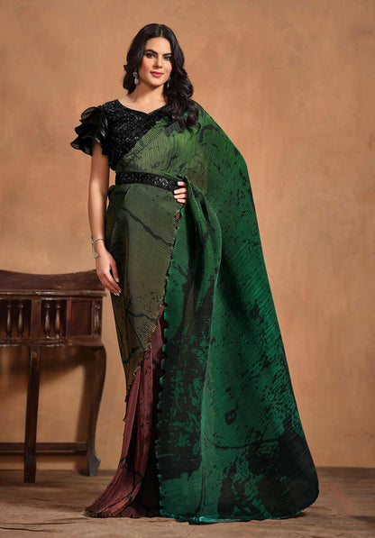 Sari Une Minute Vert, Konfektions-/Fertigsari | Indische Partykleidung | Traditionelles bedrucktes Kleid mit gestickten Details