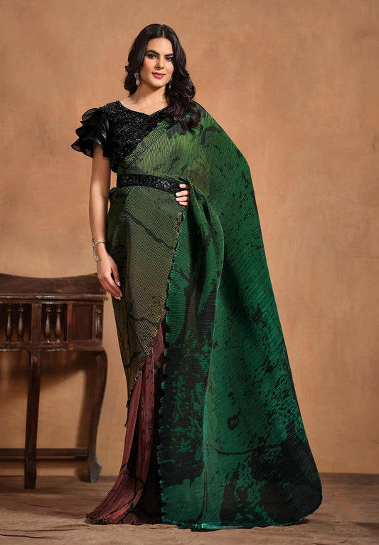 Sari Une Minute Vert, Konfektions-/Fertigsari | Indische Partykleidung | Traditionelles bedrucktes Kleid mit gestickten Details