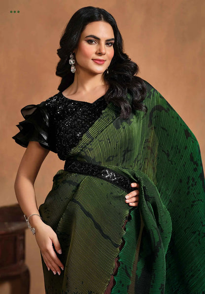 Sari Une Minute Vert, Konfektions-/Fertigsari | Indische Partykleidung | Traditionelles bedrucktes Kleid mit gestickten Details