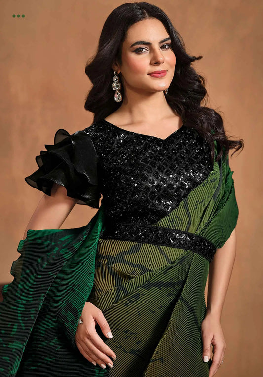 Sari Une Minute Vert, Konfektions-/Fertigsari | Indische Partykleidung | Traditionelles bedrucktes Kleid mit gestickten Details