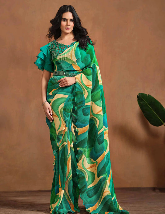 Sari One Minute Flaschengrün Konfektionsware / Fertigmodell | Indische Partykleidung | Traditionelles bedrucktes Kleid mit gestickten Details