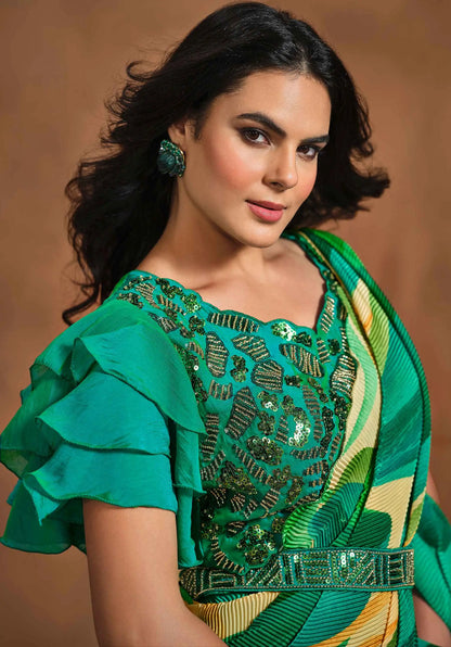 Sari One Minute Flaschengrün Konfektionsware / Fertigmodell | Indische Partykleidung | Traditionelles bedrucktes Kleid mit gestickten Details