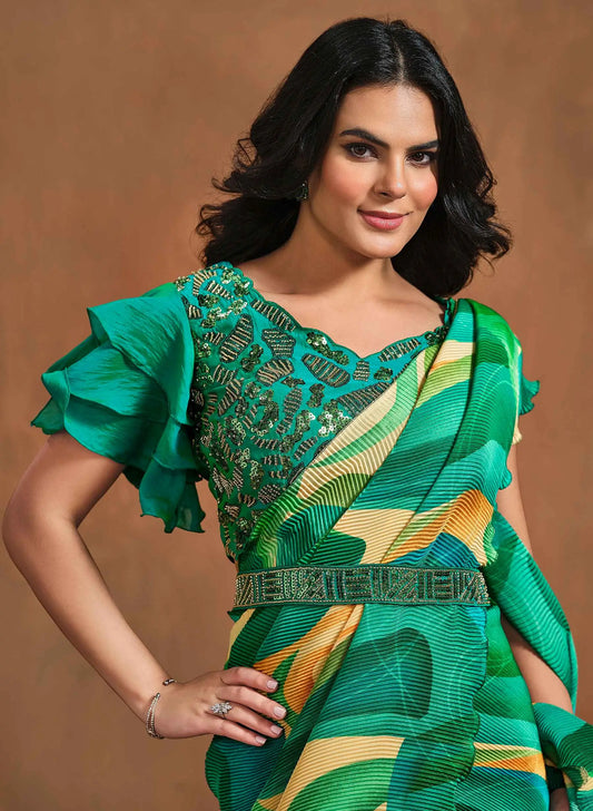 Sari One Minute Flaschengrün Konfektionsware / Fertigmodell | Indische Partykleidung | Traditionelles bedrucktes Kleid mit gestickten Details