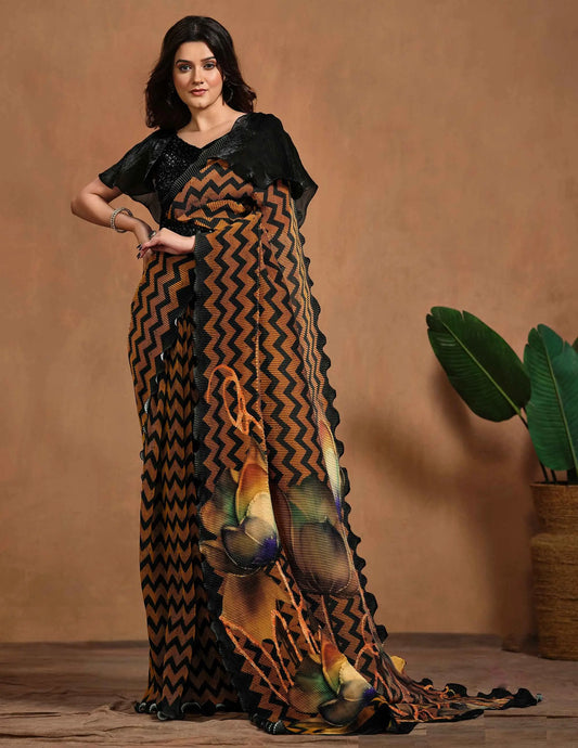 Sari Une Minute Orange und Braun Konfektionsware / Fertigmodell | Indische Partykleidung | Traditionelles bedrucktes Kleid mit gestickten Details