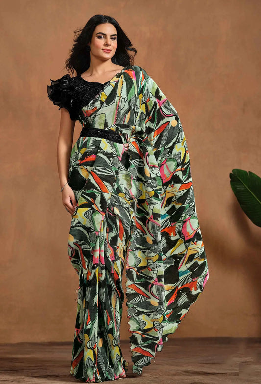 Sari Une Minute Mehrfarbig Konfektionsware / Fertigmodell | Indische Partykleidung | Traditionelles bedrucktes Kleid mit handgestickten Details
