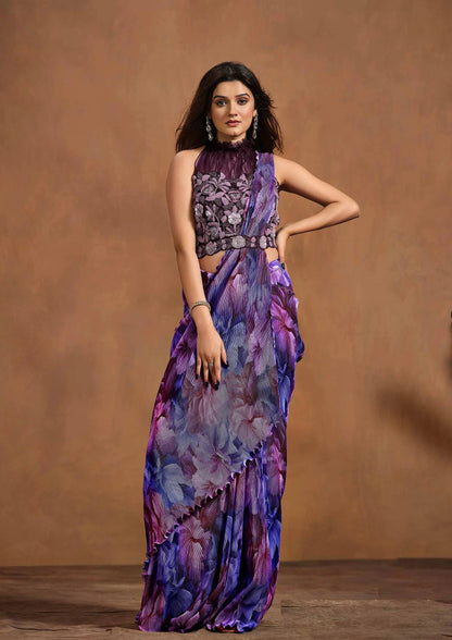 Sari Une Minute Violet Konfektionsware / Fertigmodell | Indische Partykleidung | Bedruckter Sari mit handgestickten Details
