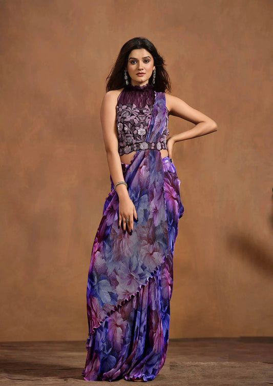 Sari Une Minute Violet Konfektionsware / Fertigmodell | Indische Partykleidung | Bedruckter Sari mit handgestickten Details