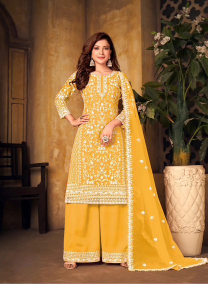Salwar suit en filet jaune avec broderie au fil et sequins