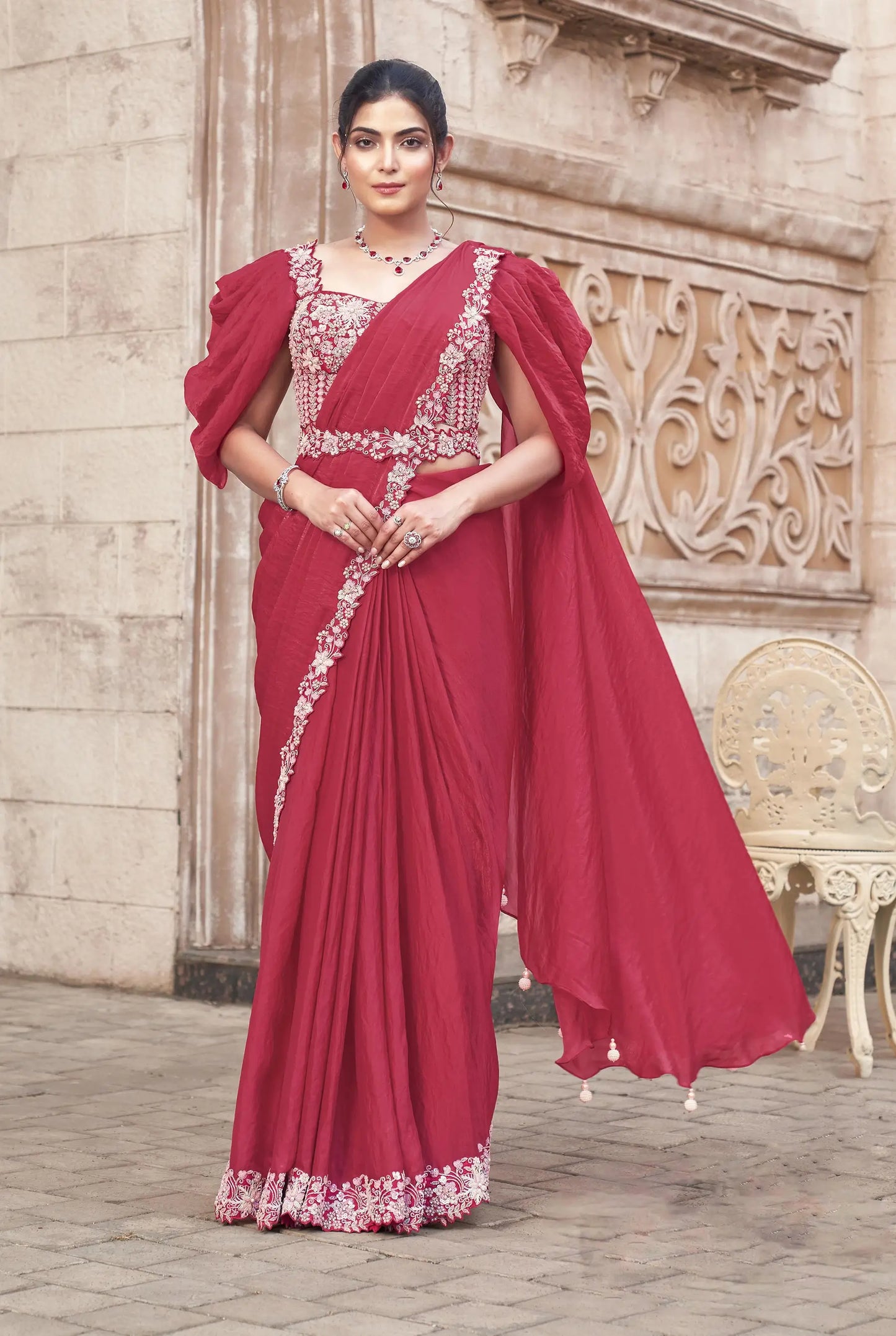 Light burgundy ready-to-wear sari with duo sequins and handmade work, accompanied by a belt