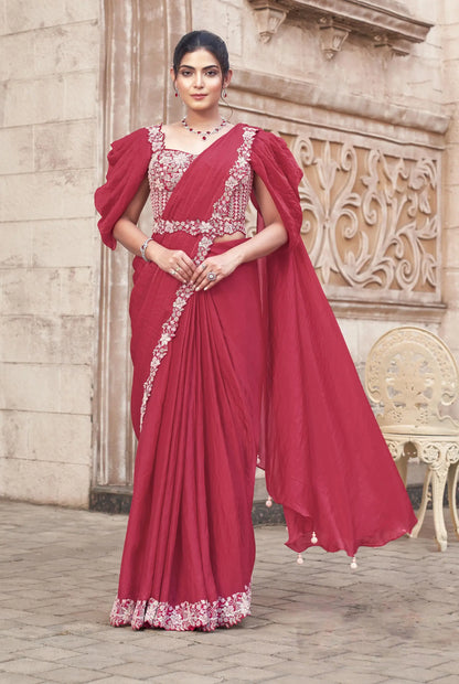 Light burgundy ready-to-wear sari with duo sequins and handmade work, accompanied by a belt