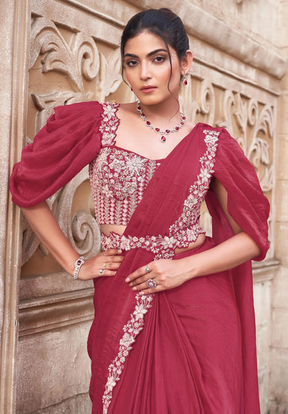 Light burgundy ready-to-wear sari with duo sequins and handmade work, accompanied by a belt