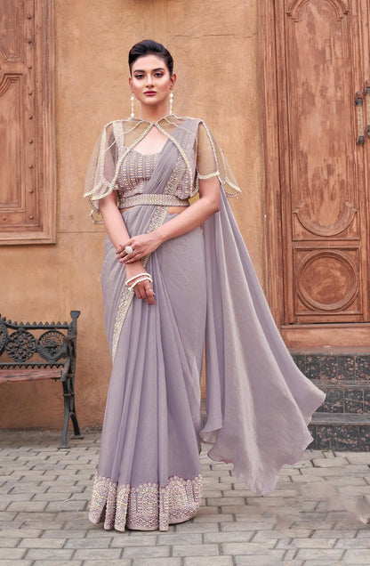 Dusty gray ready-to-wear sari with sequins and beads, accompanied by a poncho