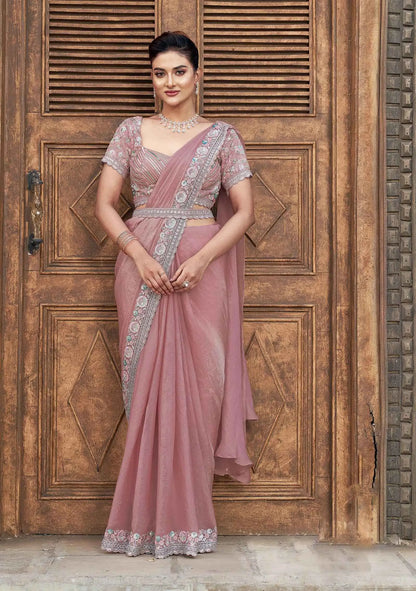 Sari Ready-to-Wear Fertiger Sari / Ready-to-wear Sari Rosa Braun | Paillettenstickerei und Handarbeit