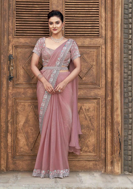 Sari Ready-to-Wear Fertiger Sari / Ready-to-wear Sari Rosa Braun | Paillettenstickerei und Handarbeit