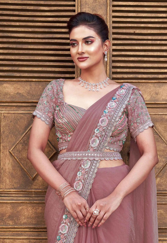 Sari Ready-to-Wear Fertiger Sari / Ready-to-wear Sari Rosa Braun | Paillettenstickerei und Handarbeit
