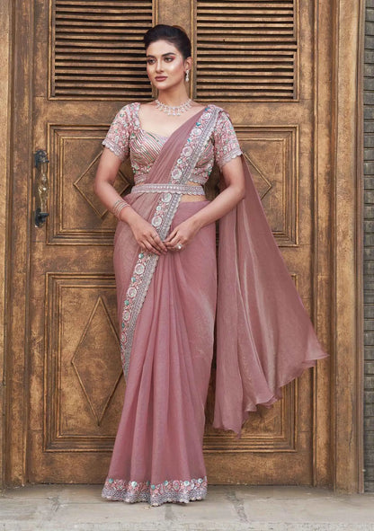 Sari Ready-to-Wear Fertiger Sari / Ready-to-wear Sari Rosa Braun | Paillettenstickerei und Handarbeit