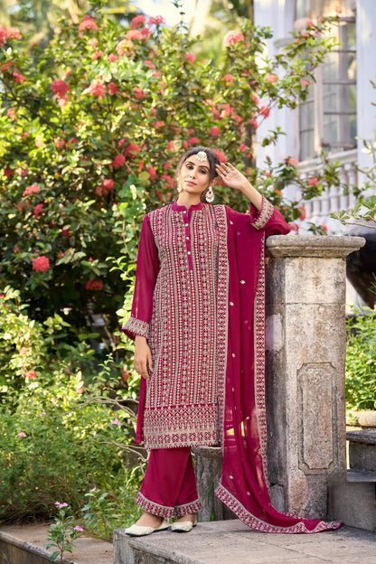 Salwar suit en soie Glory rose foncé avec broderie en fils et sequins
