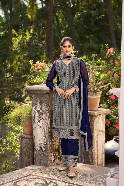 Ensemble Salwar en soie Glory bleu marine avec broderie fils et sequins