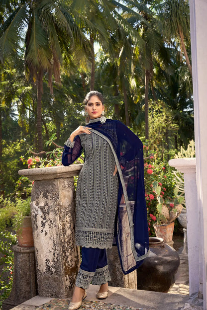 Ensemble Salwar en soie Glory bleu marine avec broderie fils et sequins