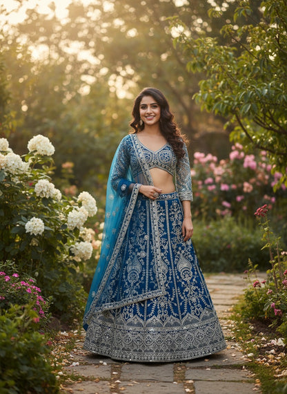 Lehenga bleu minuit somptueux en butterfly net avec broderies de sequins