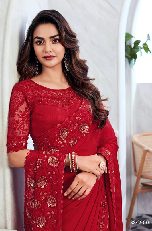 Sari en soie chiffon rouge velours
