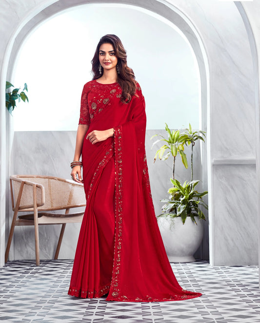 Sari en soie chiffon rouge velours