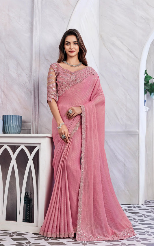 Saree en soie pêché scintillante