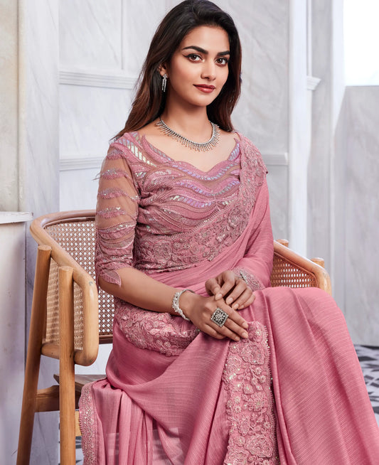 Saree en soie pêché scintillante