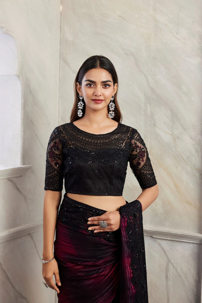 Sari en Soie à Motif Arc-en-Ciel Rouge Cerise et Noir