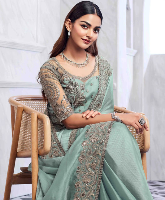 Sari en soie et verre vert pistache