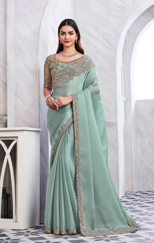 Sari en soie et verre vert pistache