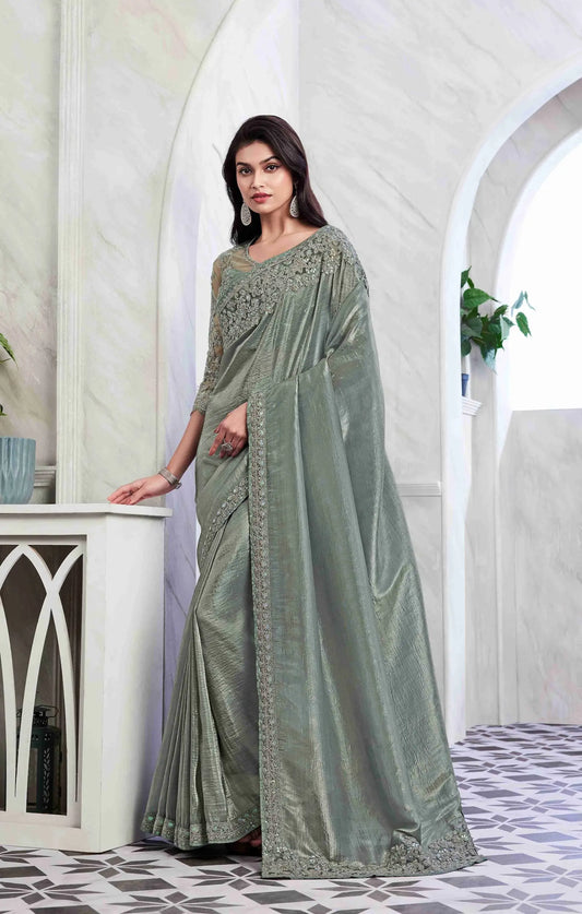 Sari en soie Sim-Sim vert sauge