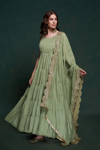 Pistachio georgette maxi dress with elegant dupatta
