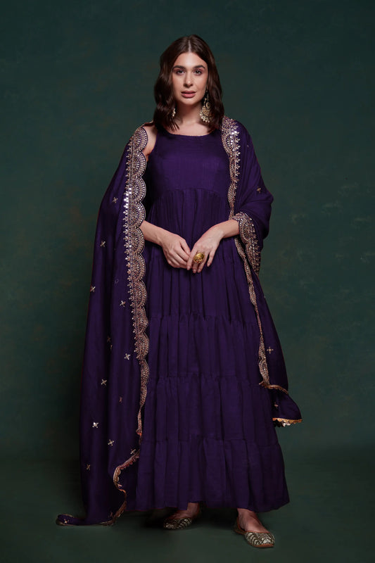 Purple silk dress with zari and sequin embroidery, accompanied by a dupatta