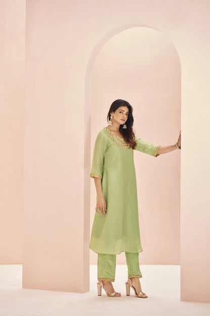 Salwar Suit en Organza Vert Clair avec Broderie à la Main