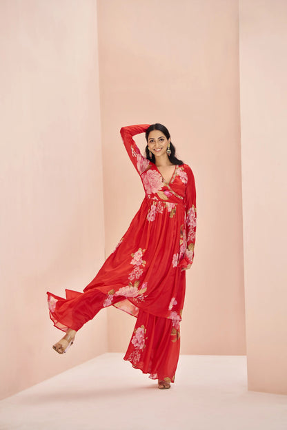 Ensemble Palazzo Rouge en Chinon Imprimé avec Broderie Artisanale