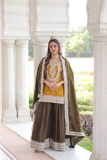 Ensemble Salwar Sharara Jaune Moutarde et Marron Henna COLLECTION SARRA