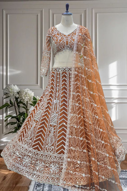 Lehenga orange rouille somptueux en butterfly net avec broderies de sequins
