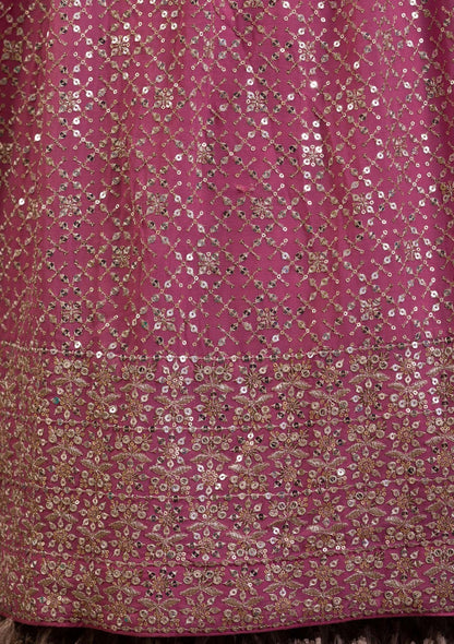 Lehenga rose en georgette léger avec broderies zari
