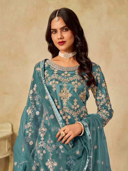 Salwar suit bleu aqua en net COLLECTION SIMARAN