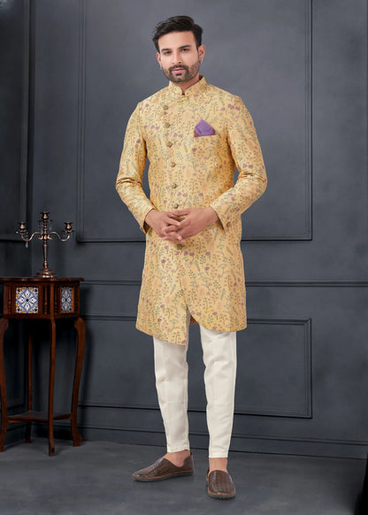 Ensemble Kurta Sophistiqué jaune avec broderies fleurs en soie COLLECTION ROSHAN